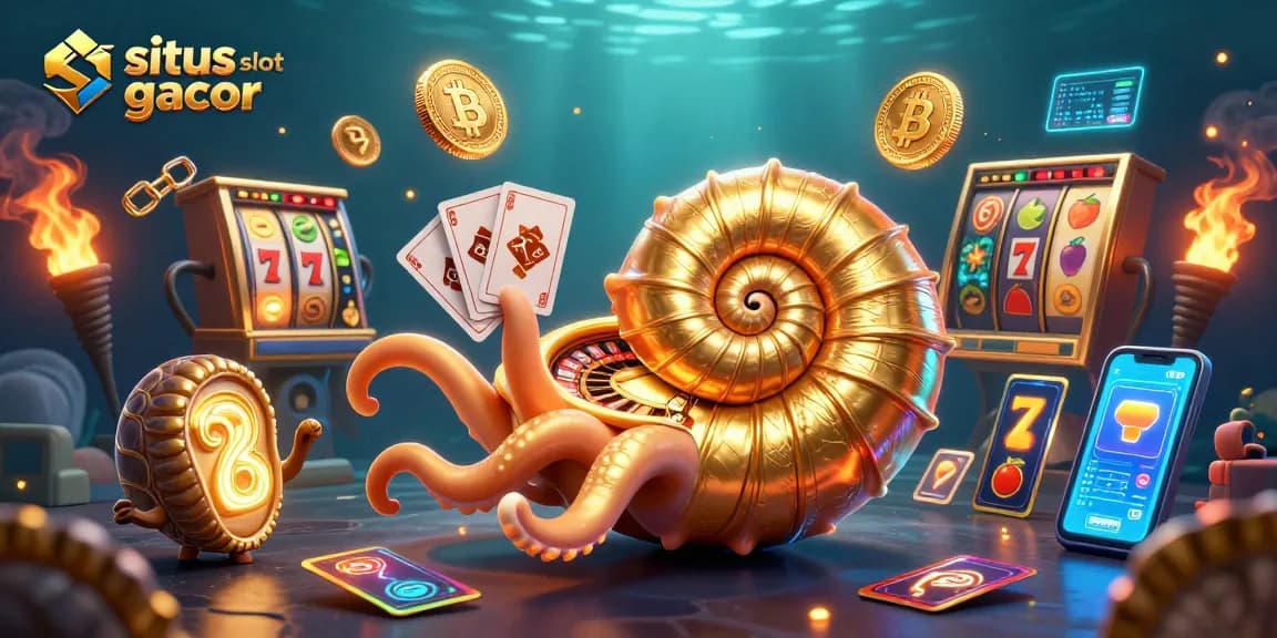 Rasakan keseruan situs slot gacor dengan gulungan slot, simbol keberuntungan, dan nautilus kuno yang berputar di kasino online.