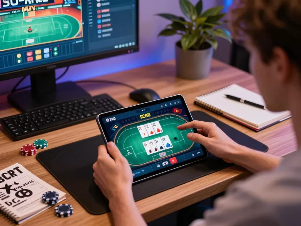 Player using SC88 app on tablet for online gaming, showcasing poker strategy and engagement