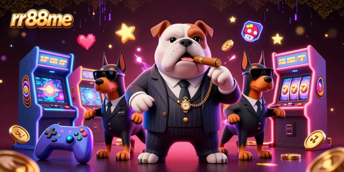 Win big at rr88me with thrilling casino action featuring a cartoon mafia boss and game elements.