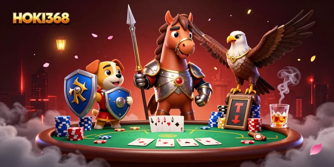 Experience the thrill of gambling at HOKI368 with knightly characters amidst a vibrant poker scene.