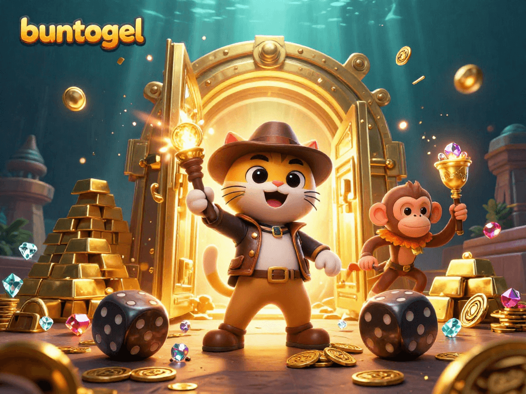 Buntogel escapades with an explorer cat and monkey amid casino treasures, showcasing vibrant gems and gold.
