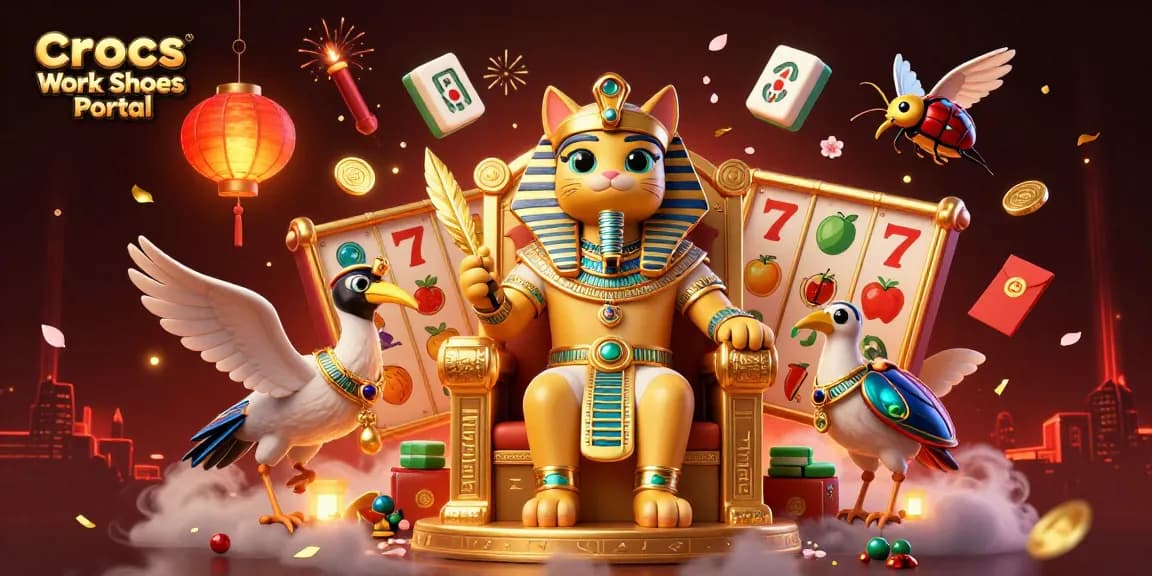 Crocs Work Shoes Portal showcases a vibrant 3D gaming scene with a pharaoh cat, slot machines, and dynamic elements for players.