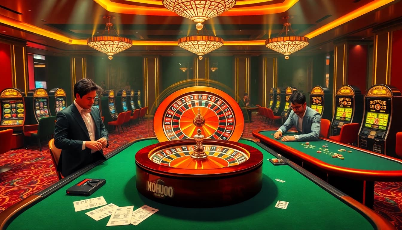 Experience the thrill of NOHU90 with players engaging at a casino table amidst vibrant neon lights.