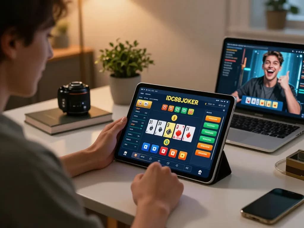 Engaging gameplay with IDC88JOKER on tablet in cozy home setting, showcasing strategic online gambling
