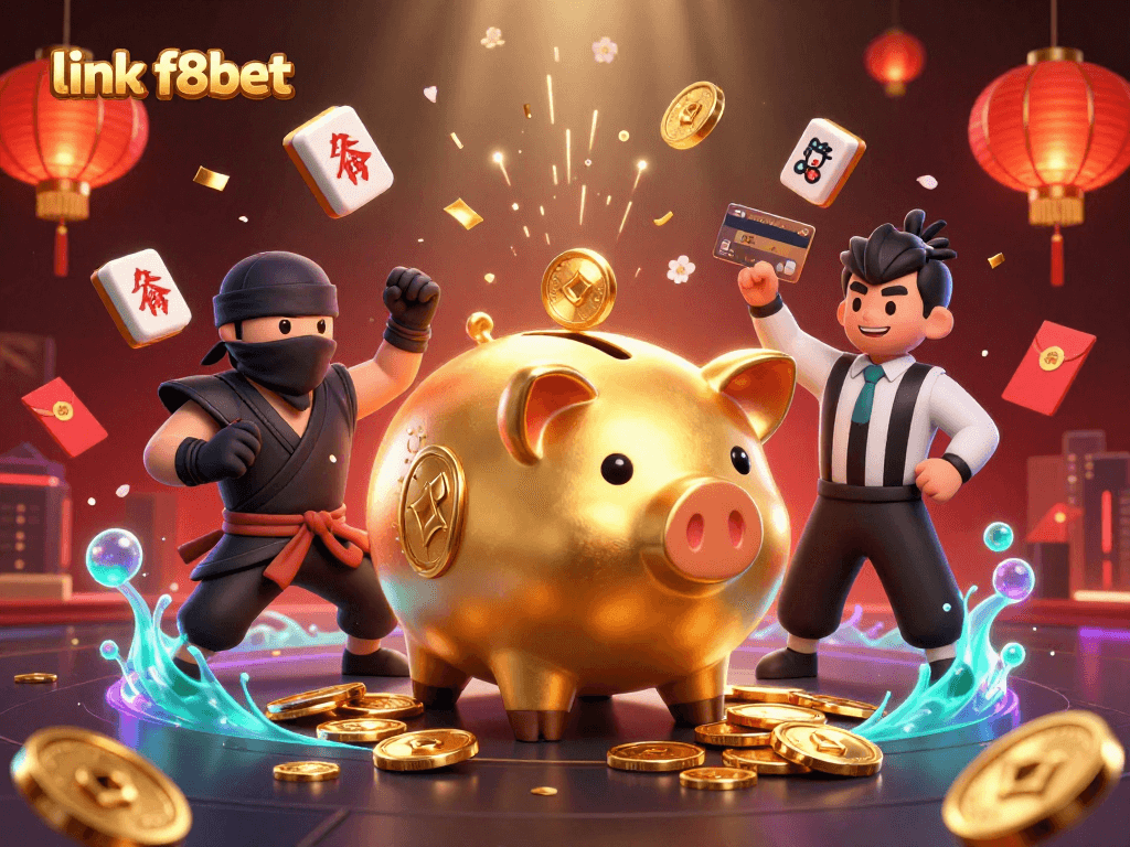 Engage in thrilling gaming action with the vibrant link f8bet illustration featuring a golden piggy bank sumo wrestler.