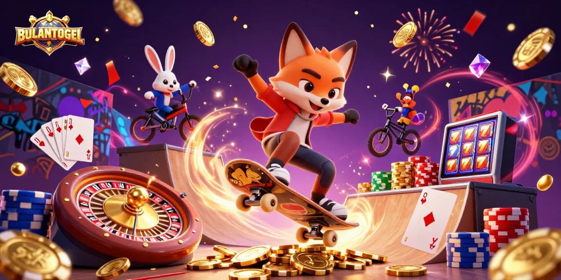 BULANTOGEL celebrates gaming thrills with a dynamic scene featuring a skateboarder fox and BMX rabbit amidst casino symbols.