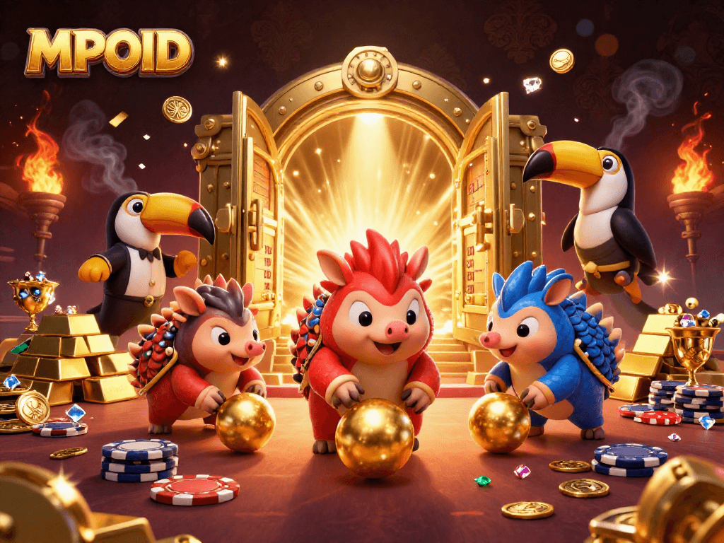 MPOID pangolins compete in a vibrant casino scene filled with treasures and excitement.