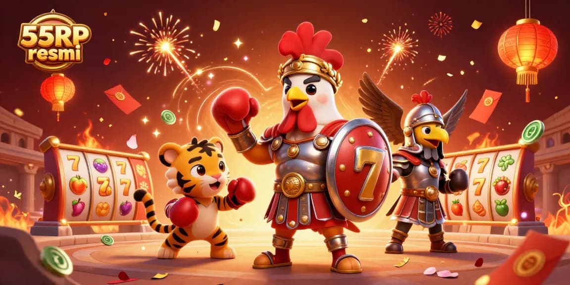 Experience thrilling gaming at 55RP resmi with spinning slot reels and festive atmosphere.