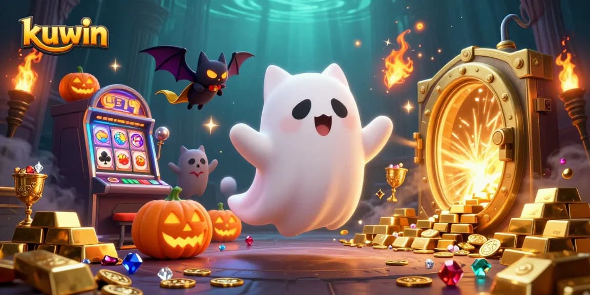 Kuwin's ghost cat and bat explore a glowing haunted casino with treasure and jackpots.