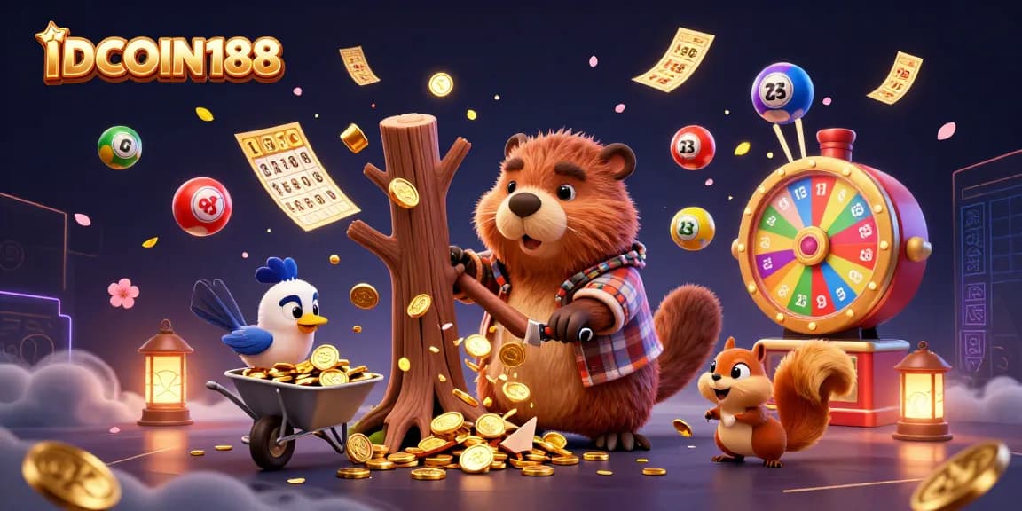 IDCOIN188 features a vibrant 3D illustration of playful characters in a dynamic casino setting