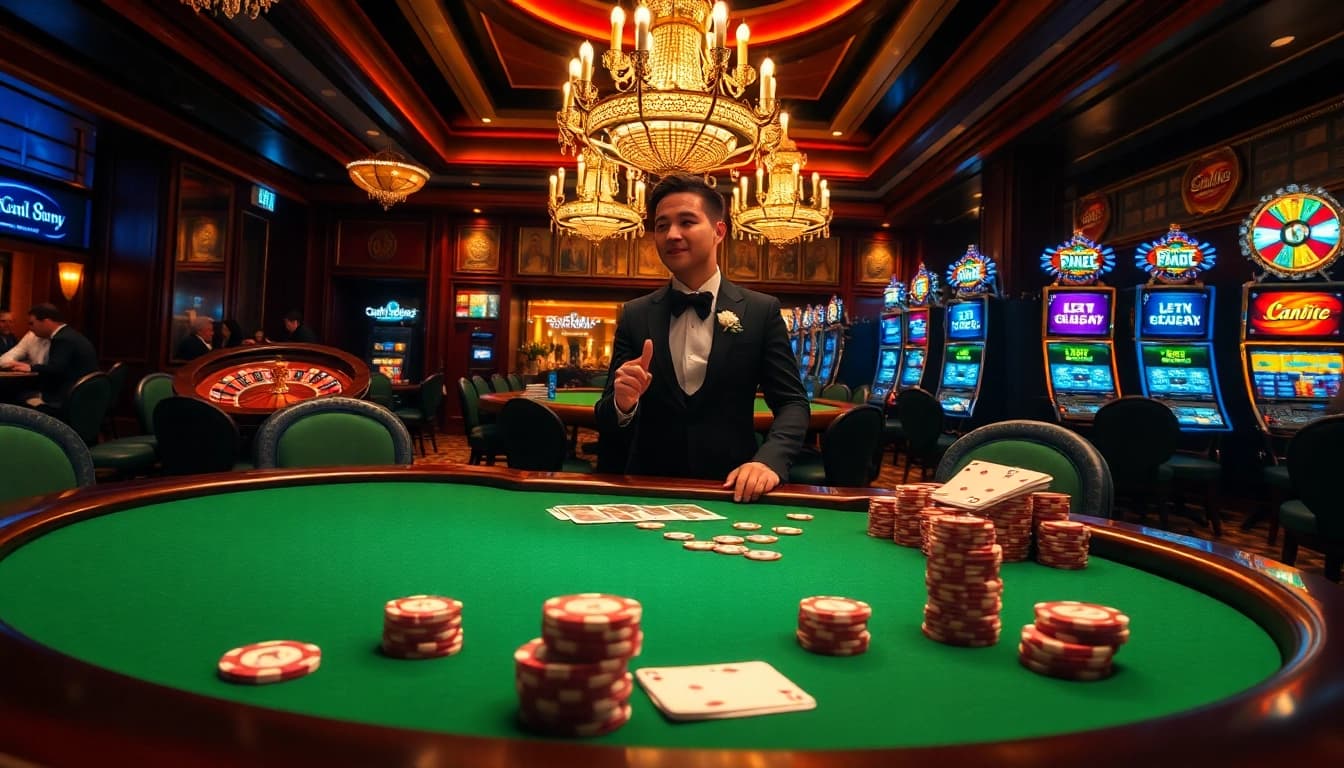 Situs11 offers an exciting ambiance at a luxurious poker table, showcasing vibrant gaming chips and cards.