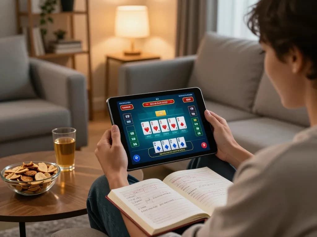 Engaging online poker session with F8 bet displayed on tablet in a cozy home atmosphere.