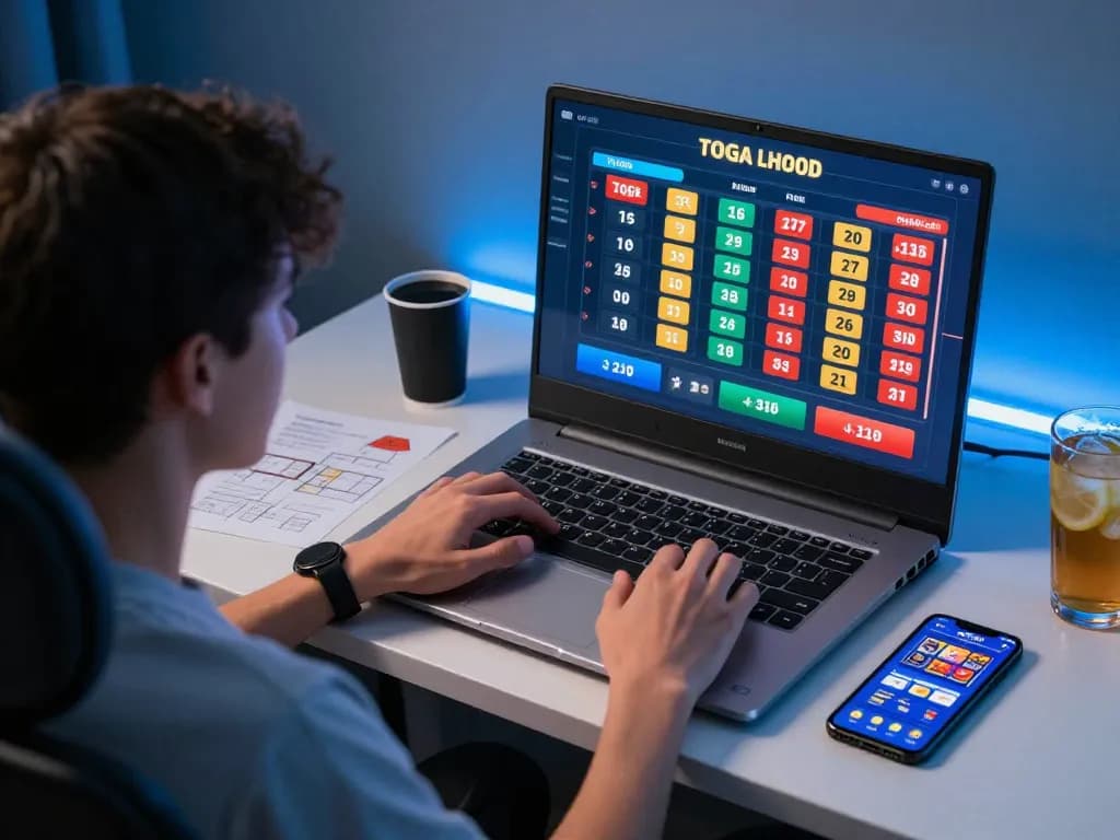 Engaging online togel gaming session with user immersed in strategic gameplay on laptop