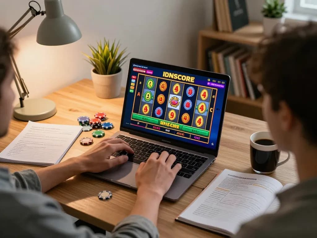 IDNSCORE online gaming session showing a player engaged with a slot game on a laptop.