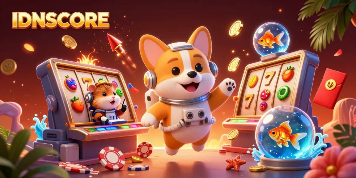 Join the excitement at IDNSCORE with a vivid 3D illustration of a playful corgi astronaut and friends immersed in casino fun.