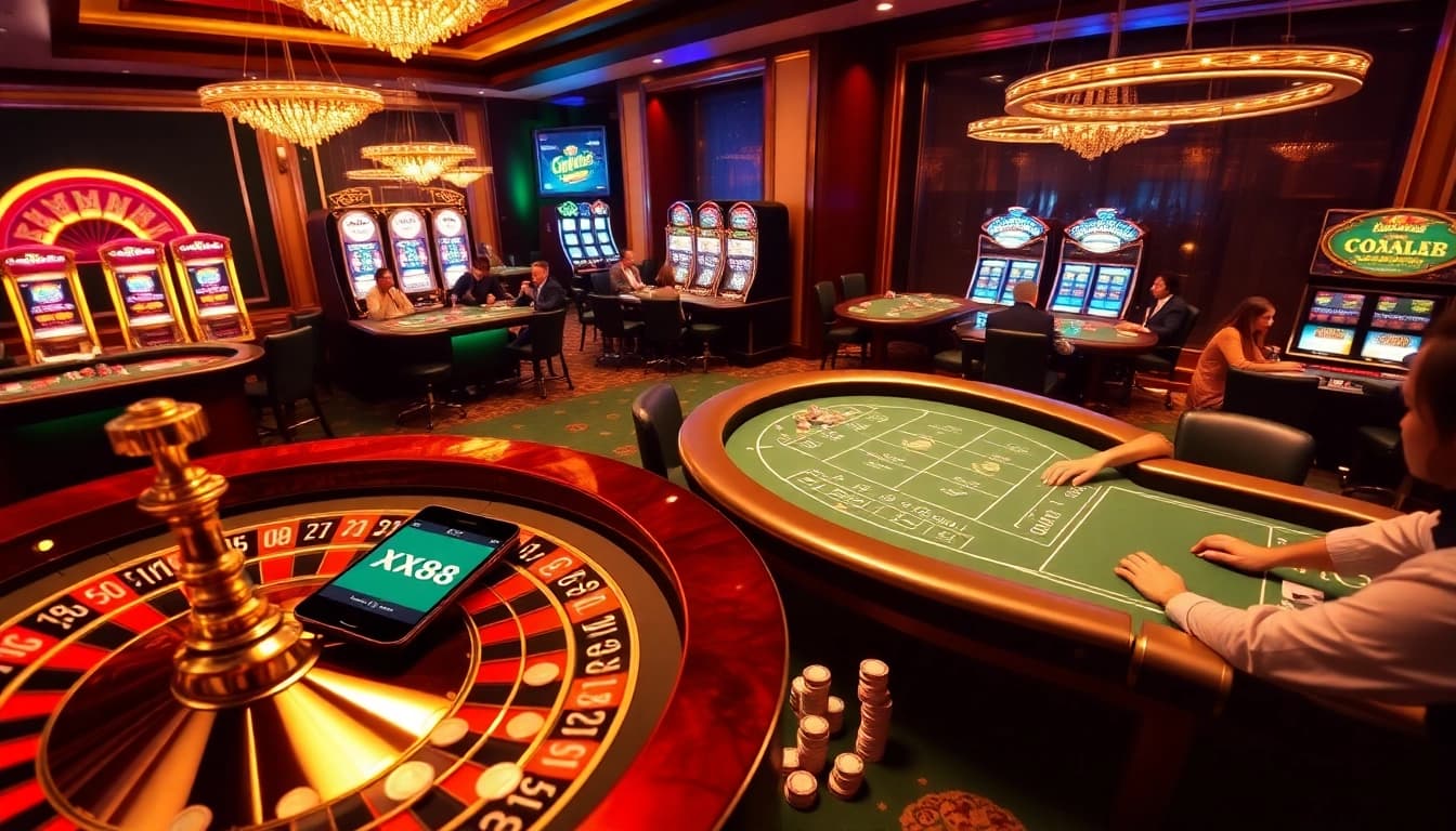 Experience thrilling gameplay at XX88 with poker tables, roulette, and vibrant slot machines.
