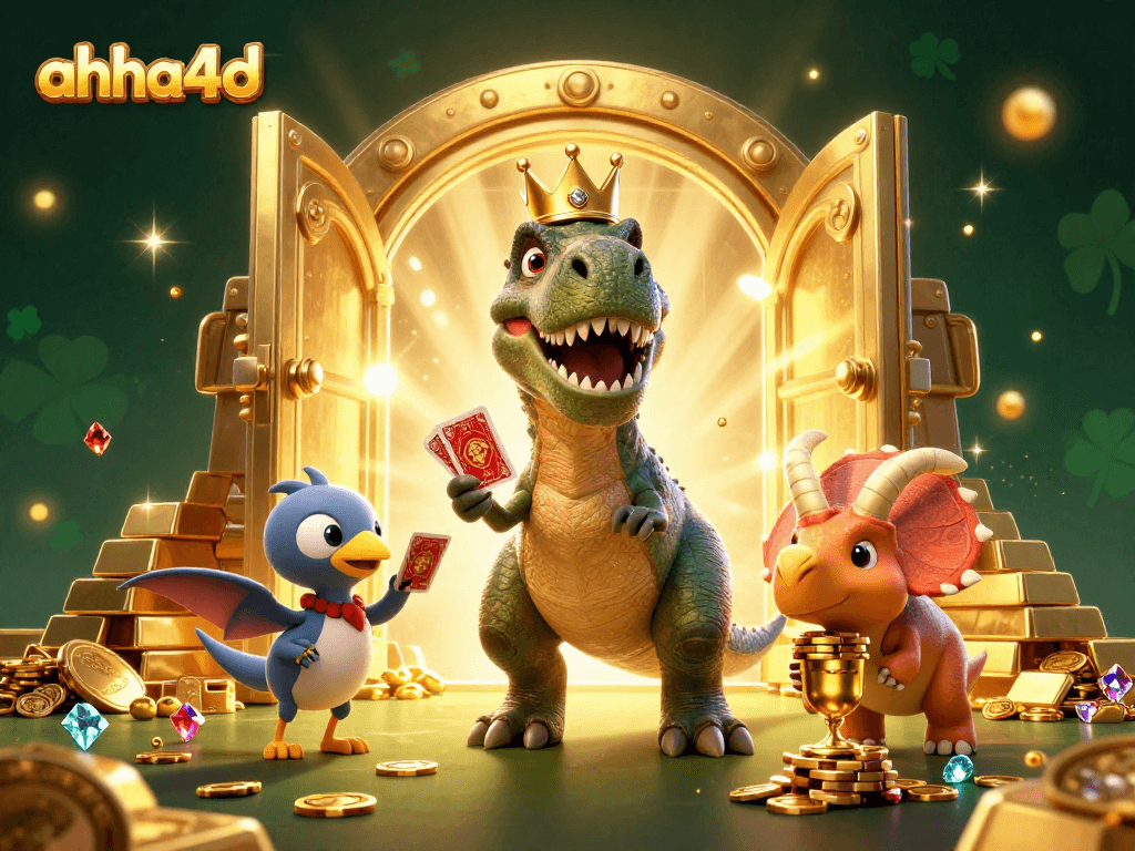 Menggandakan kemenangan di ahha4d dengan T-Rex bermain kartu, pterodactyl membantu, dan triceratops stacking chip emas.