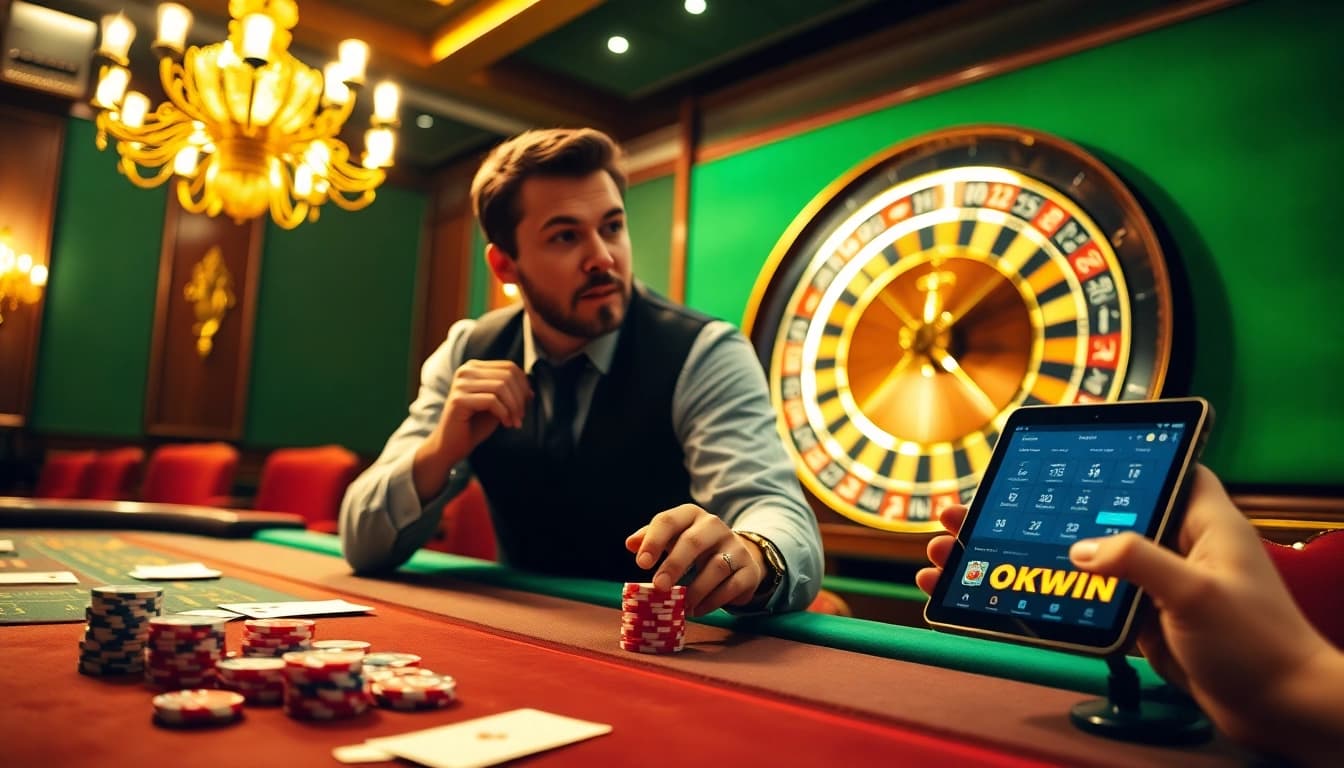 Engaged gambler enjoying a thrilling experience at a luxurious okwin casino table with roulette.