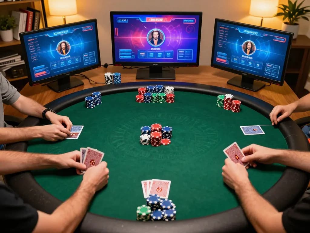 Engaging online gameplay of game bài đổi thưởng with players focused on their cards and chips