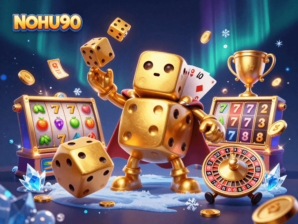 Experience thrilling wins with NOHU90 in this vibrant 3D casino illustration featuring dynamic slot elements.
