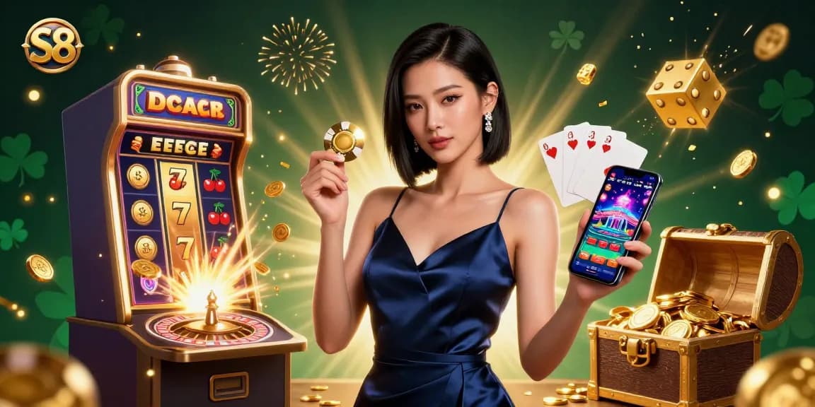 S8 casino app excitement, featuring a stunning Asian woman, jackpot winnings, and vibrant slot game visuals.