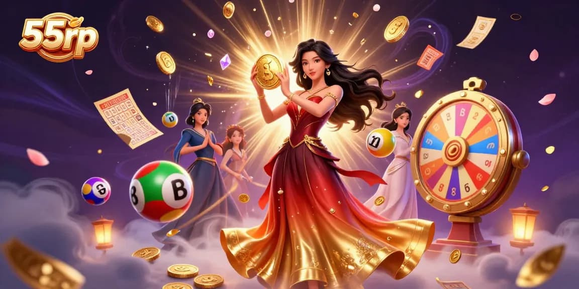 Experience the excitement of 55rp with vibrant lottery elements and gold coins cascading around a stunning character.