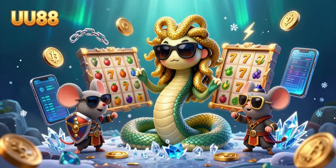 Engage in thrilling slot action with UU88 amidst a colorful 3D casino illustration featuring Medusa and a warrior mouse.
