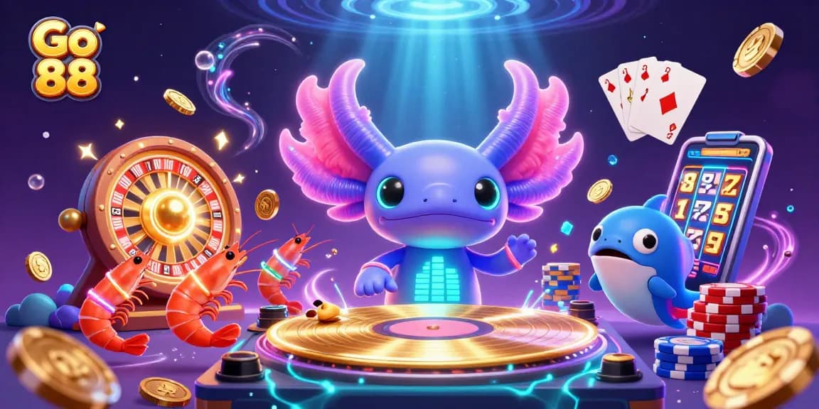 Experience the thrill of Go 88 with a vibrant 3D illustration of a neon-colored axolotl DJ surrounded by casino games.