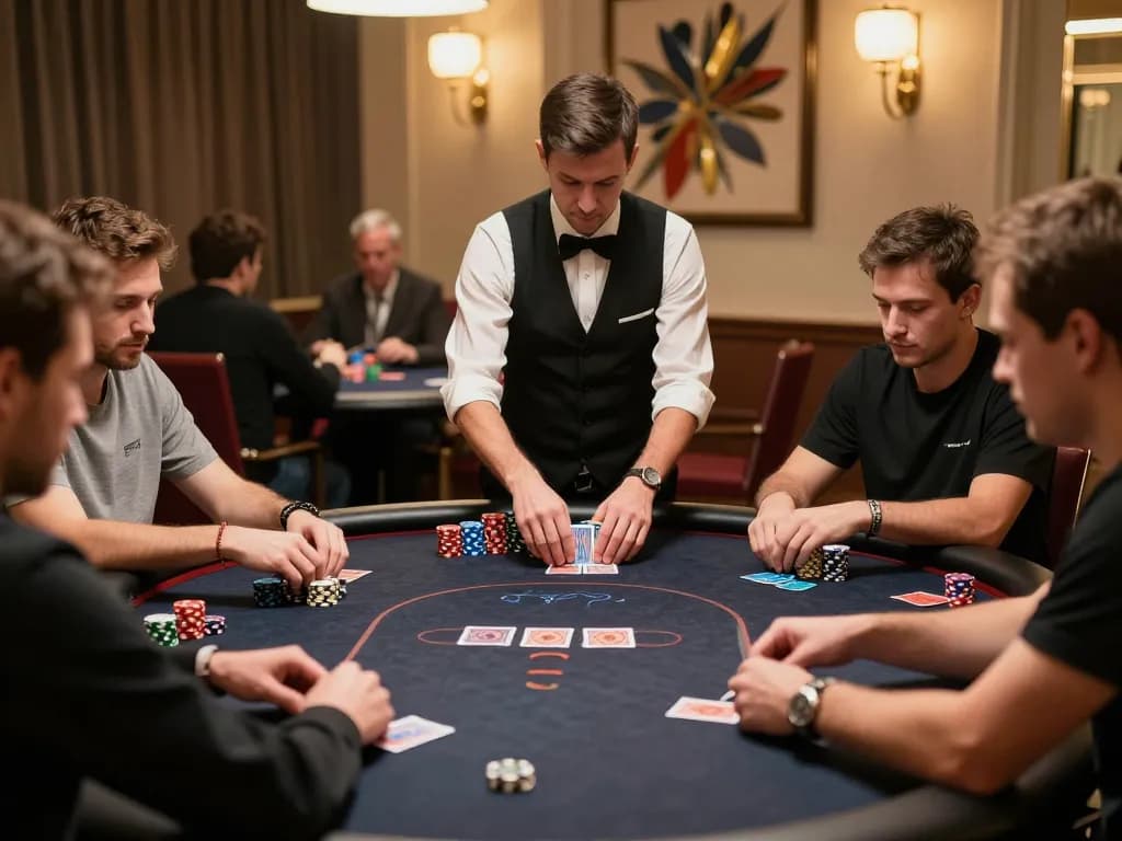 MPOID players strategizing in an elegant poker room, showcasing an intense game atmosphere.