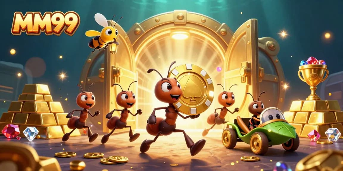 Ants carrying a massive poker chip in a dynamic heist scene celebrating MM99's vibrant online gaming.