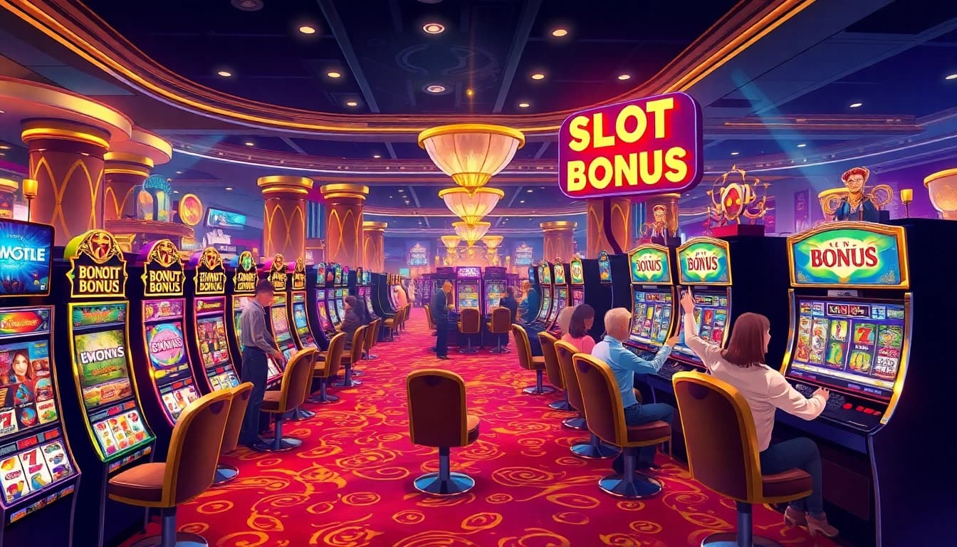 Players celebrating wins with slot bonus offers in a luxurious casino setting.