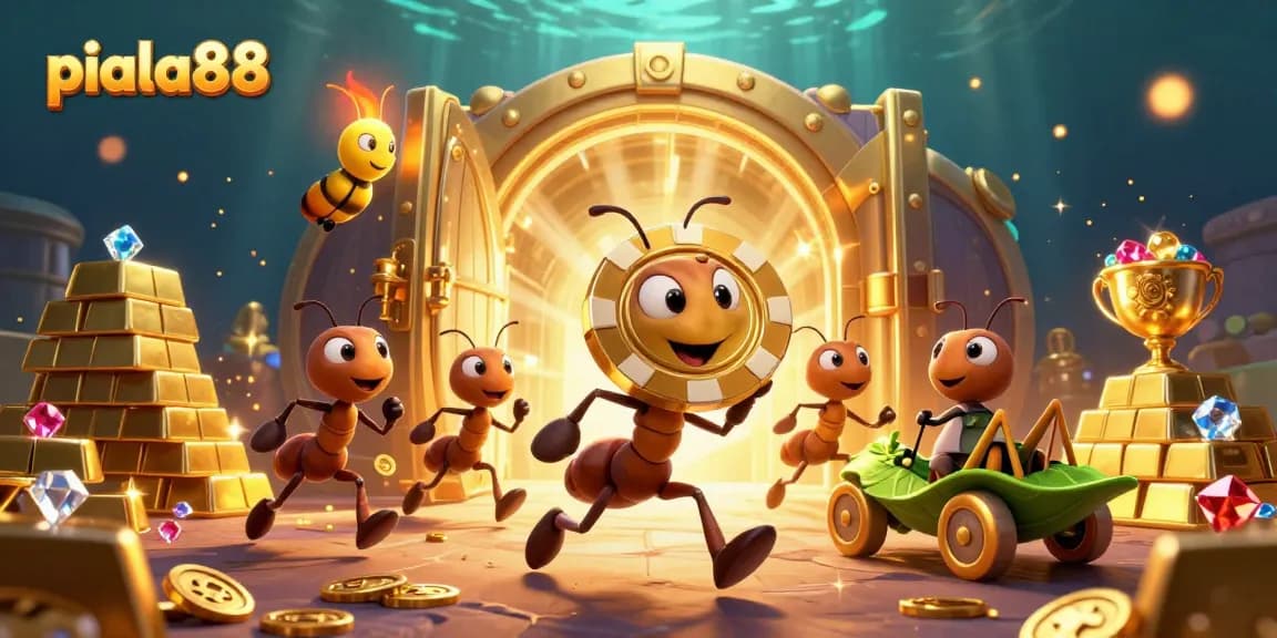 Experience thrilling adventures with piala88 in this dynamic 3D illustration of ants heisting a golden poker chip.