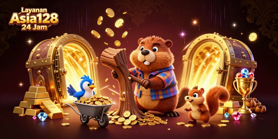 Experience the thrill of Layanan Asia128 24 Jam with unique characters celebrating a jackpot in an ultra-detailed casino scene.