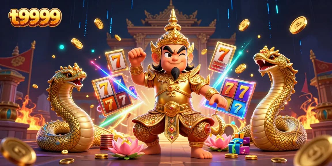 T9999 slots and casino guardian engage in vibrant gaming adventure celebrating wins with gold coins.