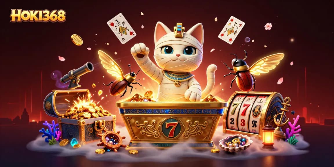 HOKI368 immersive 3D scene with Egyptian-themed casino features and vibrant elements.