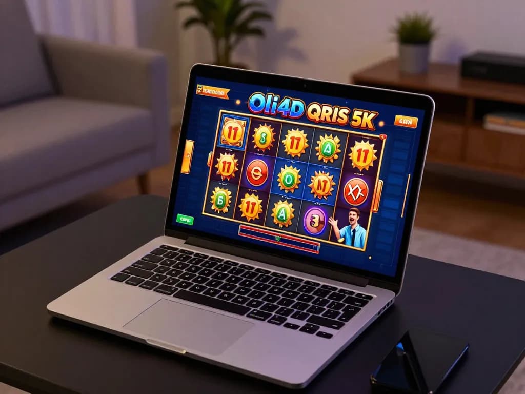 Player engaging with Oli4D Slot QRIS 5K on a laptop screen, showcasing vibrant gaming features.