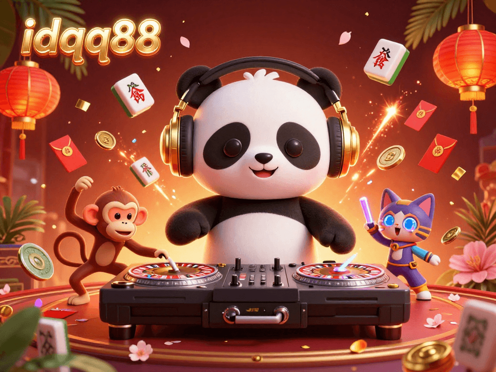 Spin the reels with idqq88 as a DJ panda mixes beats in a lively casino scene filled with colors.