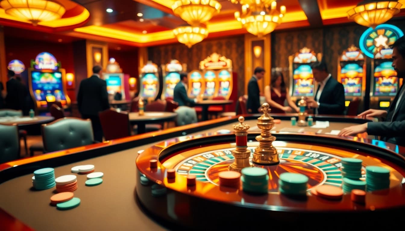 Xổ số 3 miền hôm nay showcases a vibrant casino atmosphere filled with excited players around a roulette table.