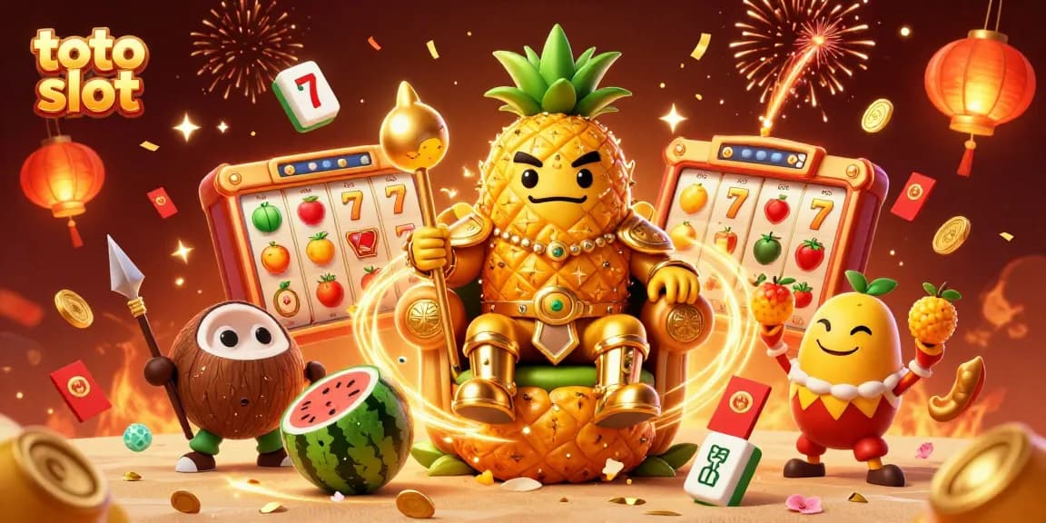 Bermain toto slot dengan karakter raja nanas emas dan elemen kasino yang meriah.