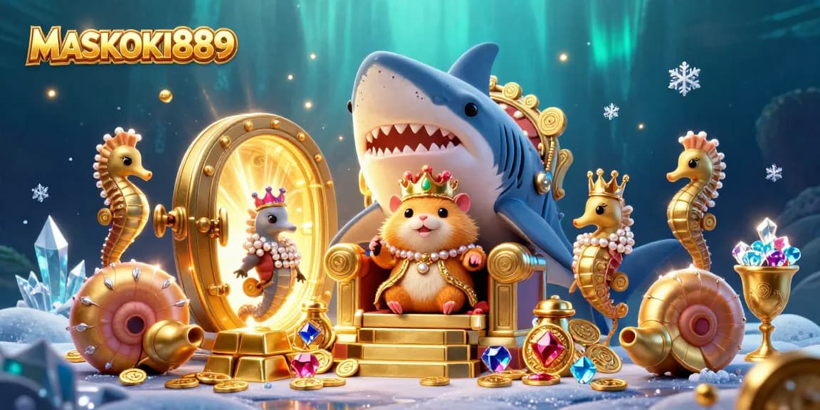 Engage with dynamic gameplay at MASKOKI889, featuring a golden hamster king and treasure elements in an underwater casino.