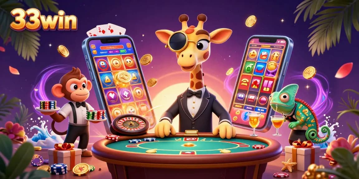 Engage with 33win's dynamic casino scene featuring a giraffe and vibrant gaming elements.