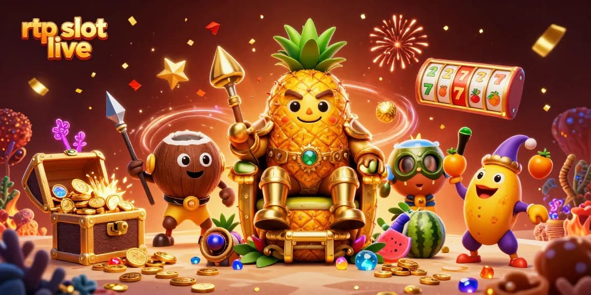 Bermain rtp slot live dengan simbol keberuntungan dan komponen kasino yang meriah di latar belakang.