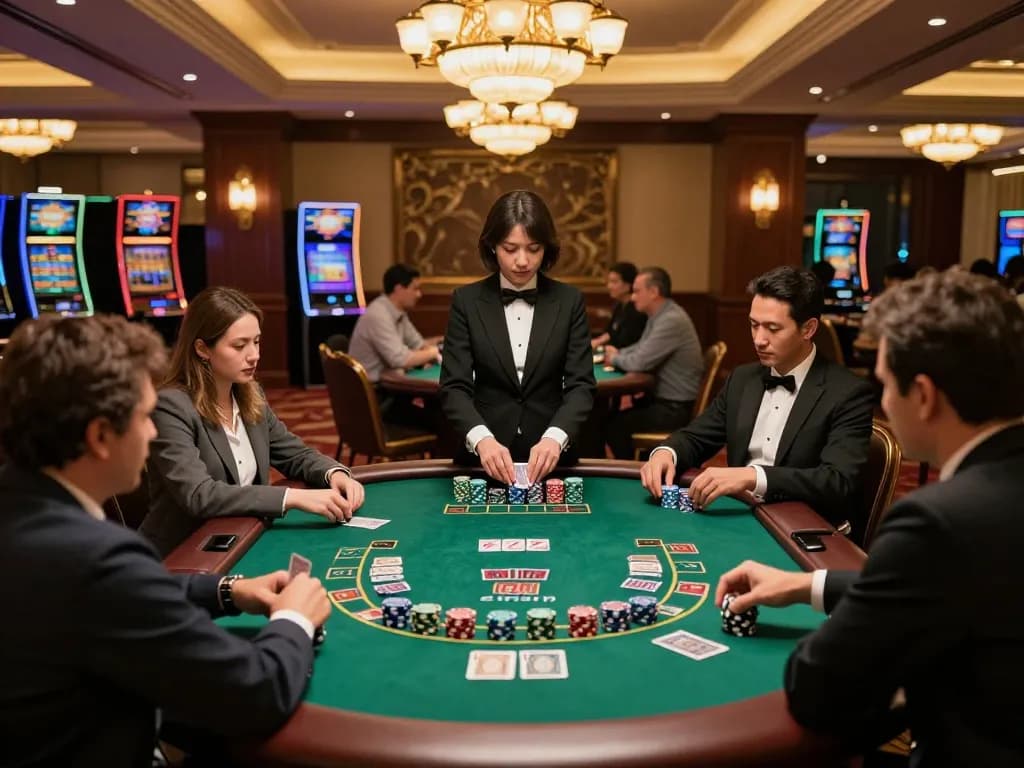 Players at an mb66ac blackjack table strategizing bets in a luxurious casino environment.
