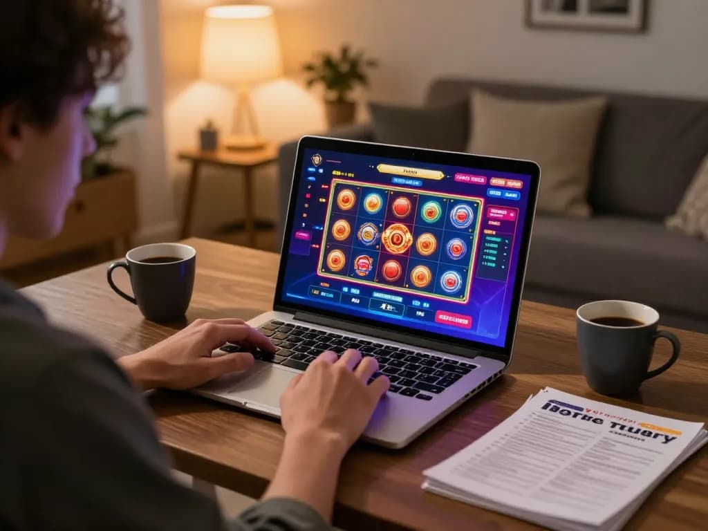 Pemain berinteraksi dengan platform kasino online 88Pulsa di laptop di rumah, menampilkan antarmuka permainan yang menarik.