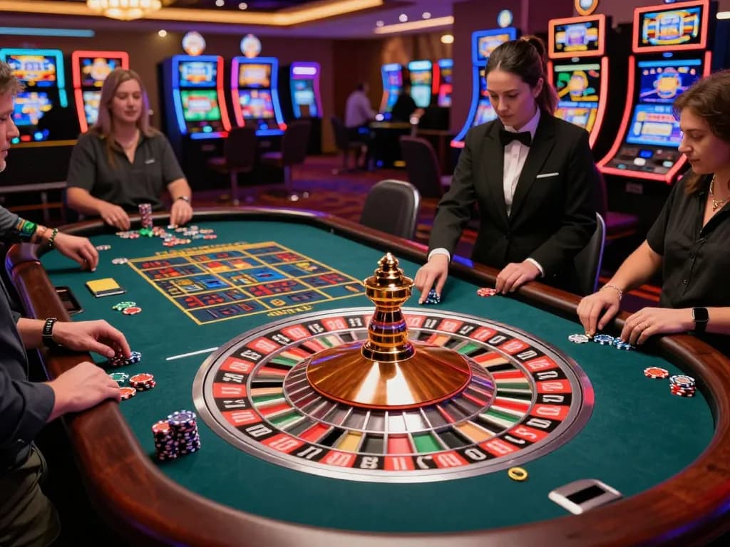 Players engaging at cm88 roulette table in lively casino with vibrant atmosphere