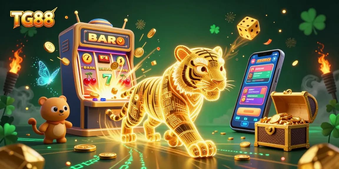 Experience the thrill of TG88 with a vibrant 3D casino scene featuring a golden tiger and exciting game elements.