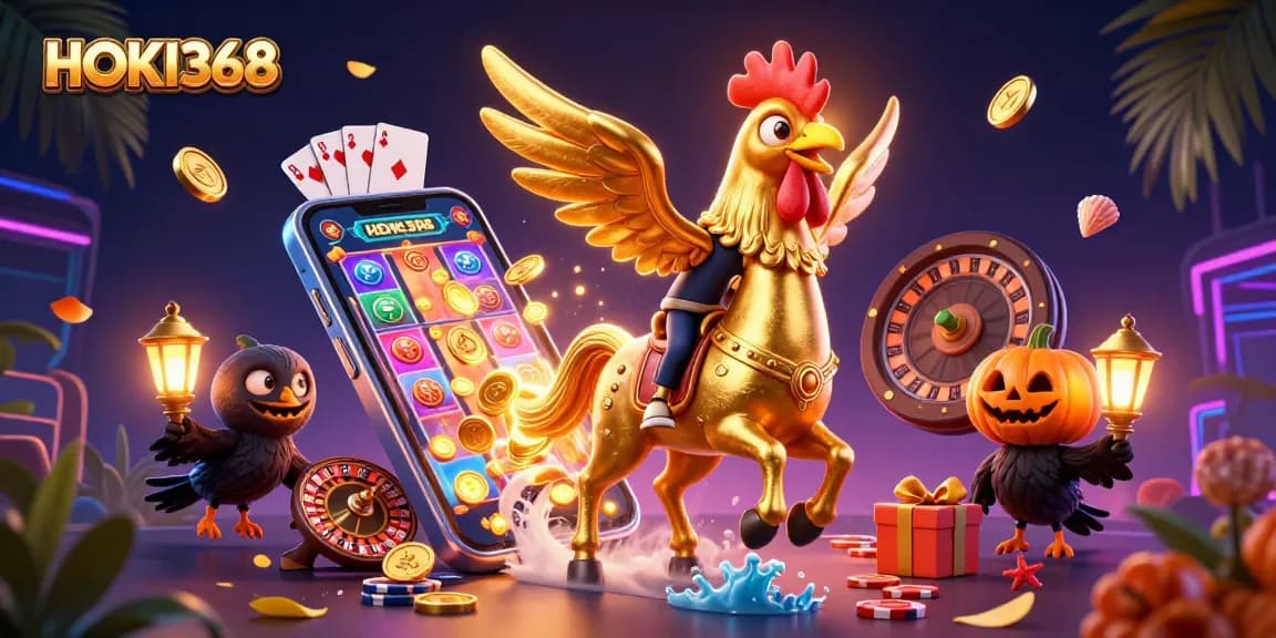 Engage with HOKI368 in this vibrant casino scene filled with slot games and golden treasures.