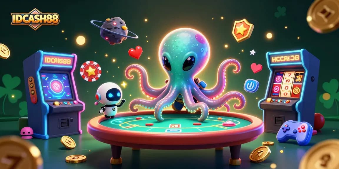 Engage with IDCASH88 through thrilling holographic poker in a vibrant cosmic scene.
