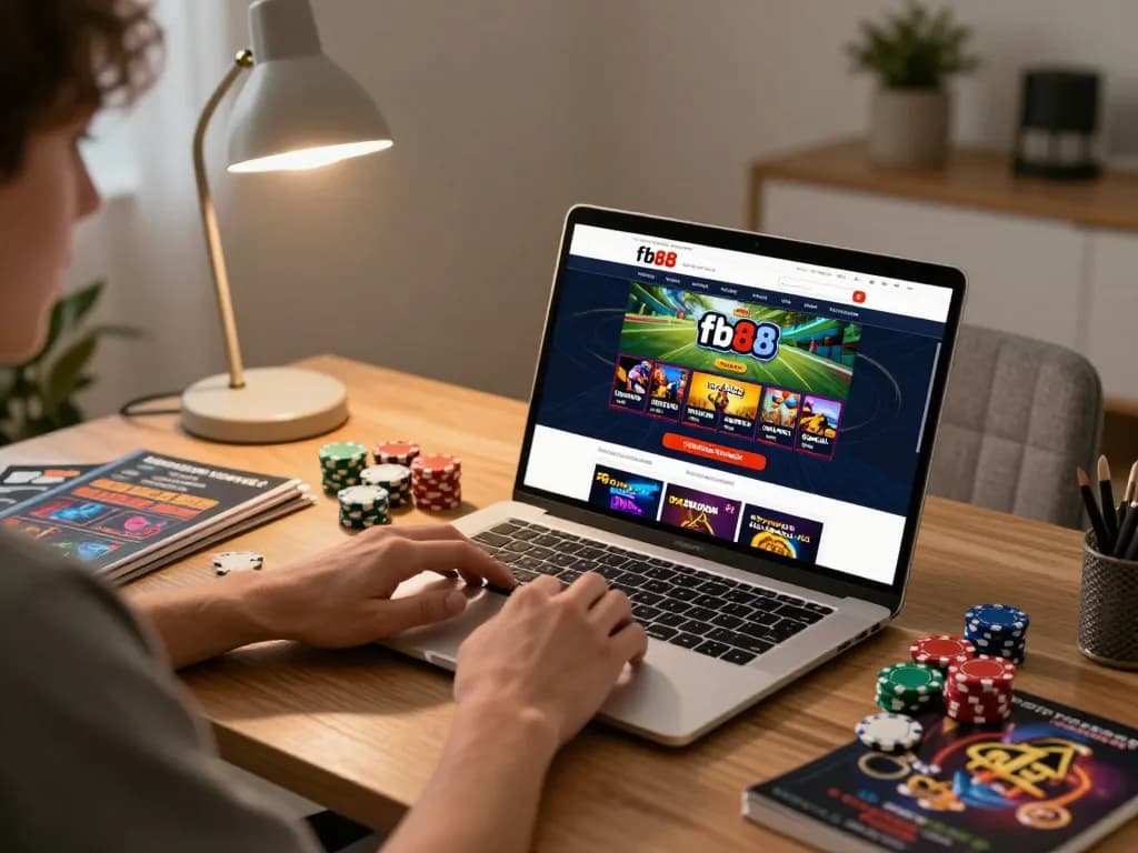 Player enjoying online gambling on fb88 website with engaging home office setup and vibrant game interface