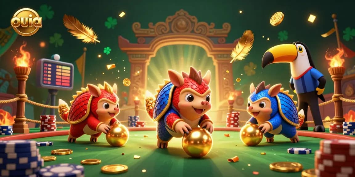 Experience thrilling action in a vibrant scene as rival pangolins roll in golden balls at ouia casino.